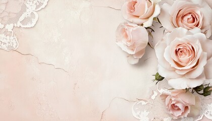 Fototapeta premium A nostalgic wallpaper collage of delicate roses and lace motifs, fading into muted pinks and creams, with frayed edges and cracked textures