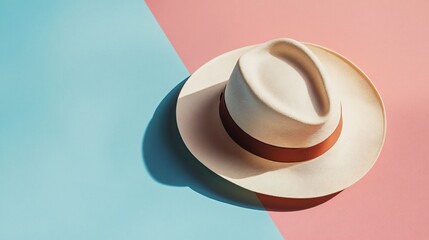 A classic fedora placed gently on a pastel-colored background, showcasing its elegance and craftsmanship