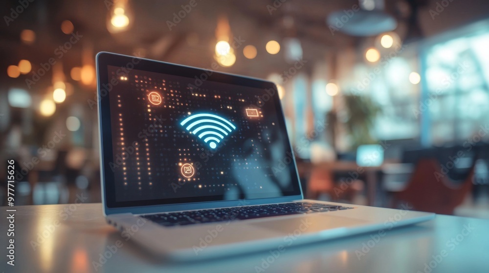 Poster a laptop connected to a wireless network, with a focus on the wi-fi icon and a vibrant, modern works