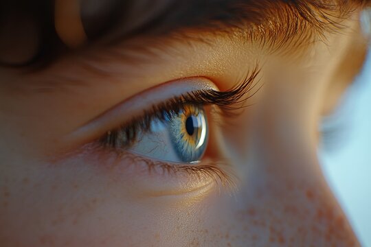 Side profile of a young person’s blue eye gazing into the distance symbolizing contemplation vision and human perception