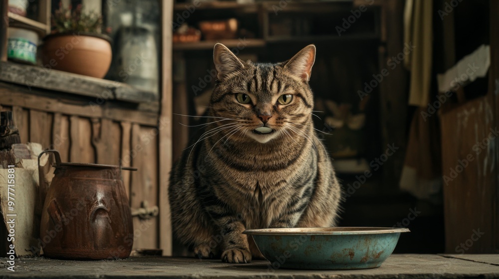Poster a large cat with a full belly sitting at a feeding station, eating from a bowl with a satisfied expr