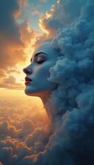 A woman's profile merges artfully with a cloud, blurring lines between human and nature.