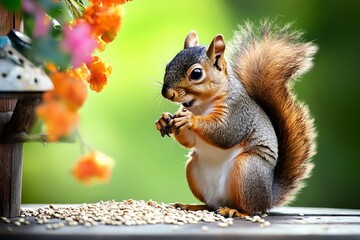 Squirrel gathering food under a bird feeder, opportunistically collecting scattered seeds
