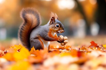 Squirrel gathering nuts in the autumn leaves, preparing for the winter ahead