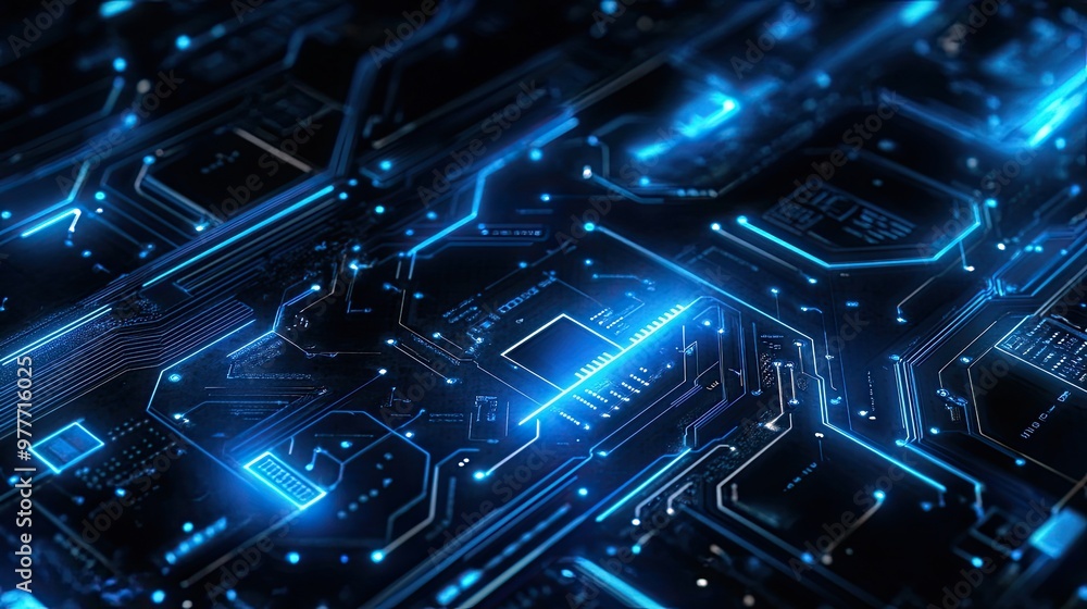 Poster abstract digital circuit board with glowing blue lines and embedded electronic components, symbolizi
