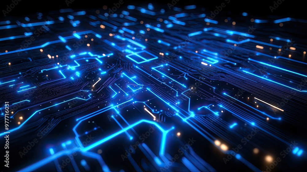 Poster abstract digital circuit board with glowing blue lines and embedded electronic components, symbolizi