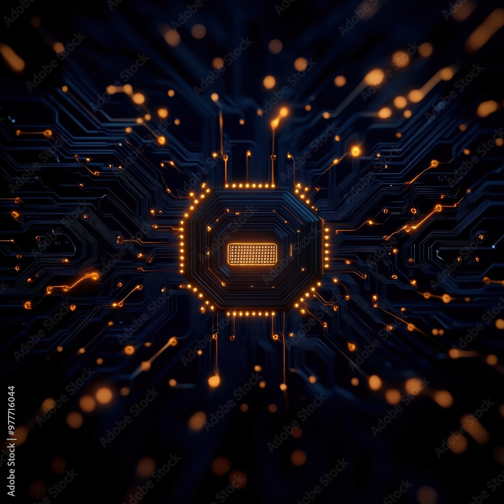 Poster a stunning visual of a modern circuit board with glowing lights, representing advanced technology an