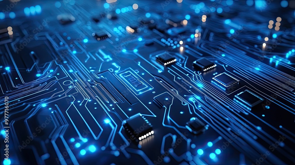 Poster abstract digital circuit board with glowing blue lines and embedded electronic components, symbolizi