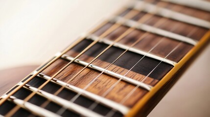A detailed view of the strings and fretboard of an electric guitar, showcasing the craftsmanship against a pale backdrop