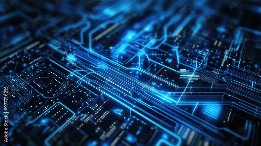 Poster abstract technology background showcasing a digital circuit board with interconnected blue lines and