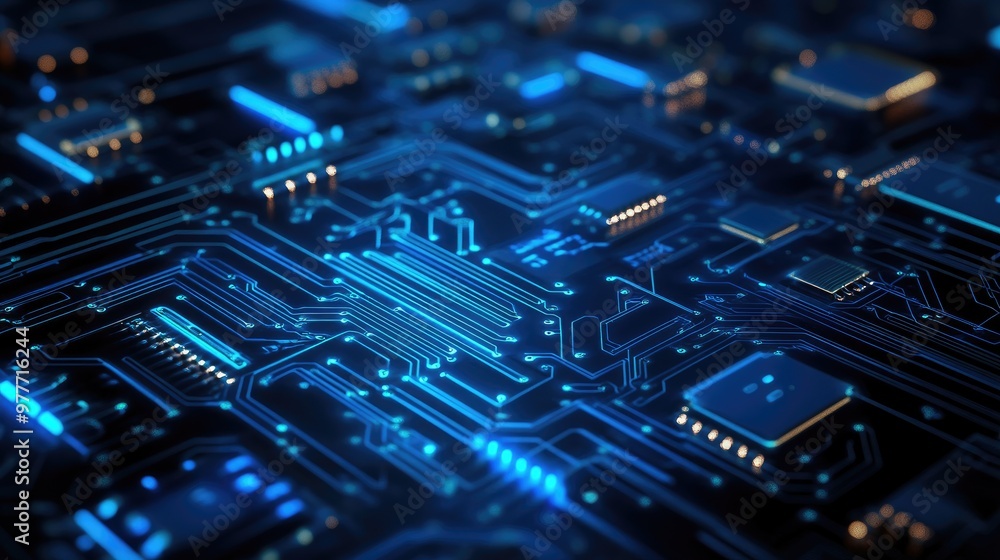 Poster abstract technology background showcasing a digital circuit board with interconnected blue lines and