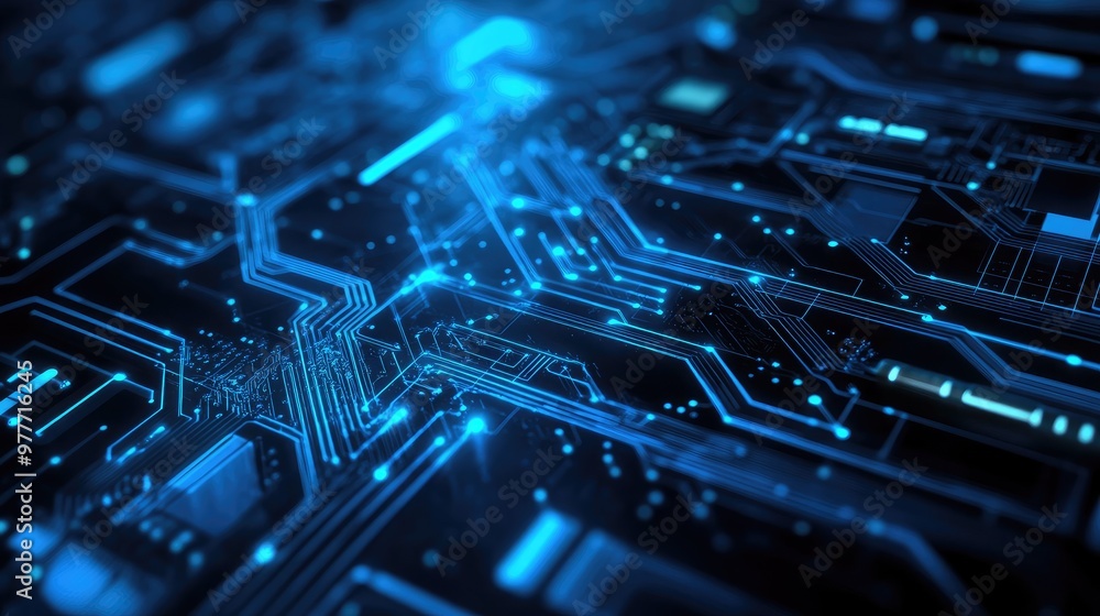 Poster abstract technology background showcasing a digital circuit board with interconnected blue lines and