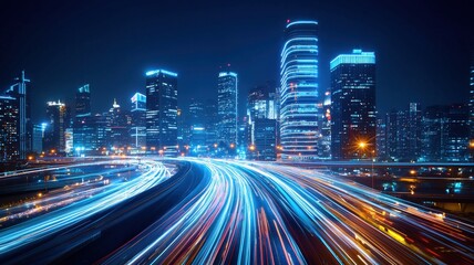 Fototapeta premium A vibrant cityscape at night showcases illuminated skyscrapers and dynamic light trails from moving vehicles, creating lively urban atmosphere