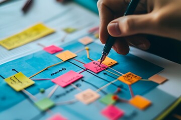 Hand drawing mind map with colorful sticky notes on blue background