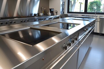 A stainless steel kitchen counter with a sink and a dishwasher, generative ai image