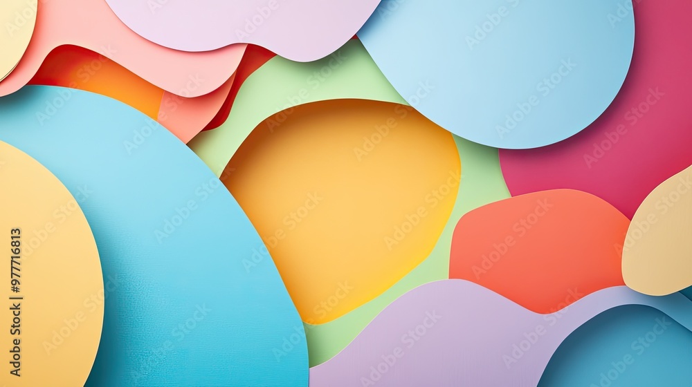 Poster bright paper cutout scene with geometric shapes and soft shadows, leaving open copy space in the cen