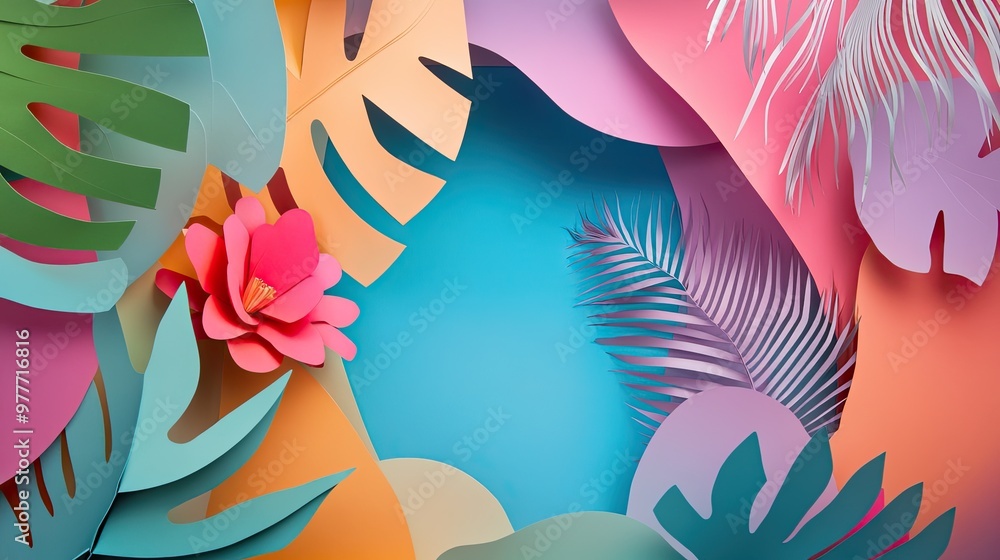 Poster bright paper cutout scene with geometric shapes and soft shadows, leaving open copy space in the cen