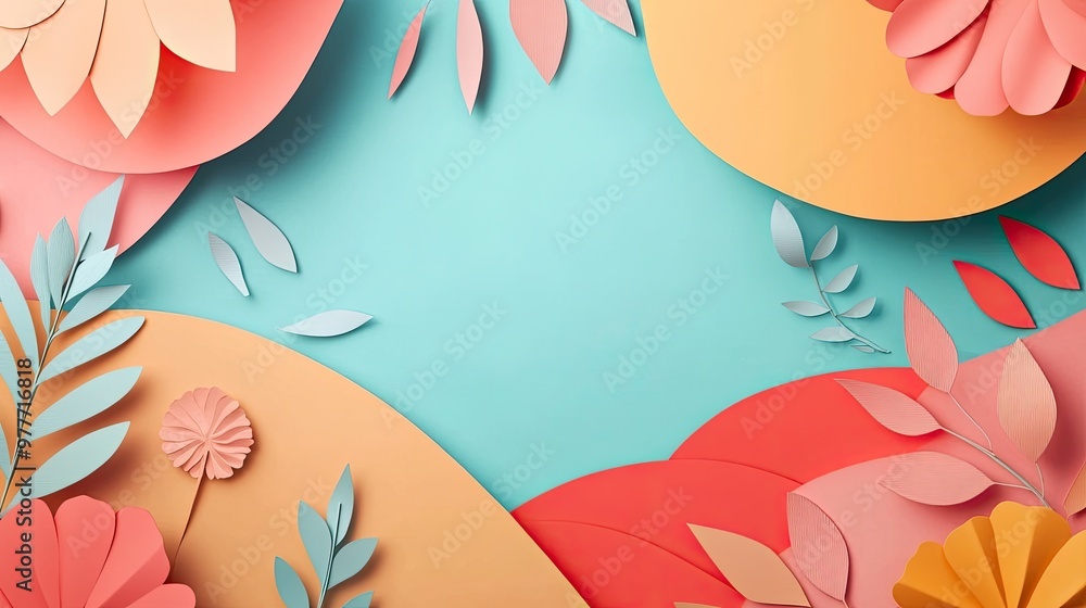 Poster bright paper cutout scene with geometric shapes and soft shadows, leaving open copy space in the cen