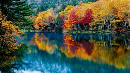 A tranquil lake reflecting the vibrant colors of autumn leaves, surrounded by lush trees