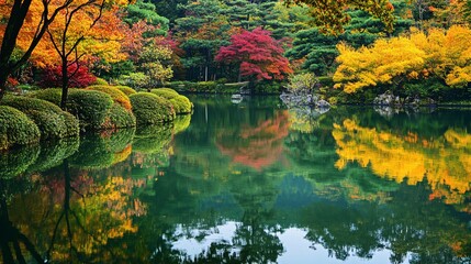 A tranquil lake reflecting the vibrant colors of autumn leaves, surrounded by lush trees