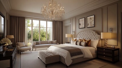 A luxurious bedroom with a plush king-size bed, silky linens, and a stylish chandelier hanging above, complemented by a chic sitting area and elegant furnishings.