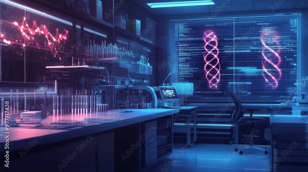 Poster modern laboratory interior with dna double helix and code on screen.