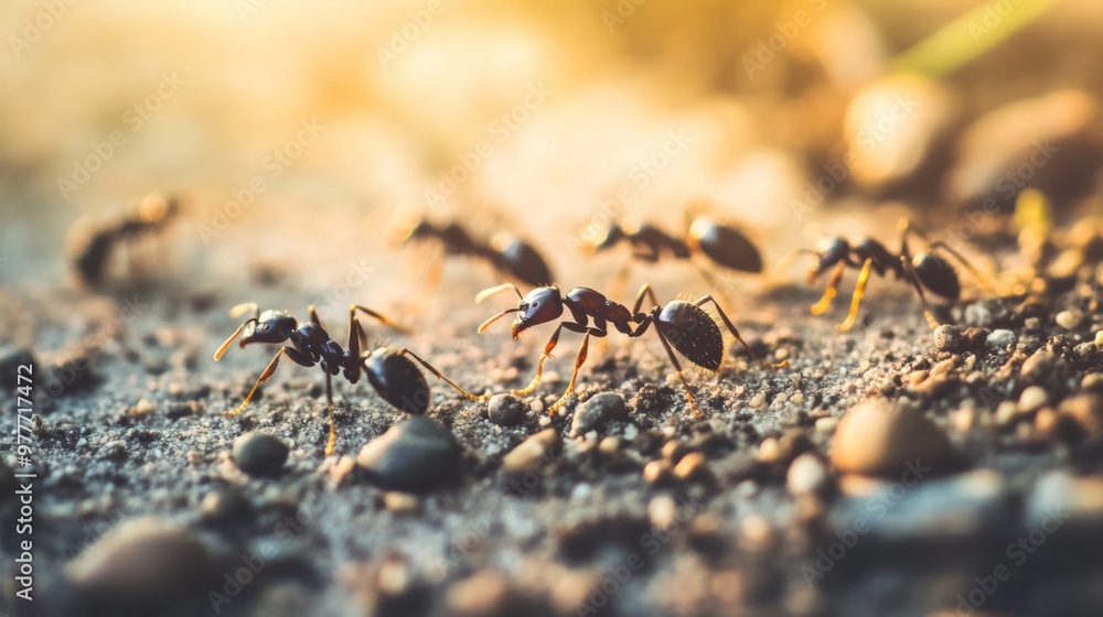 Poster a macro shot of ants on a garden path, with visible details of their legs and bodies, surrounded by 