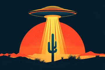 Retro-futuristic illustration of an alien spaceship hovering over a desert landscape at sunset