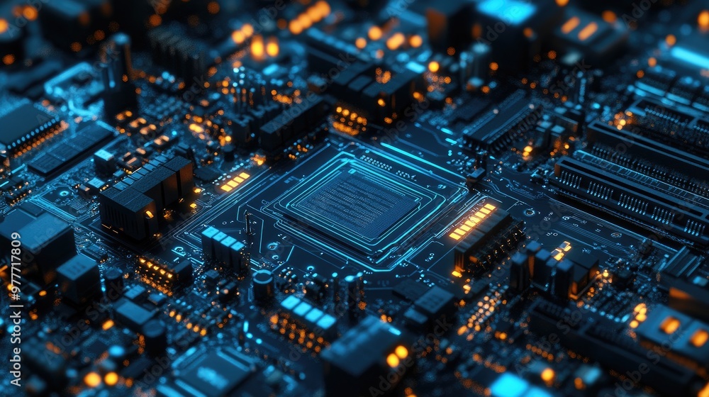 Poster detailed close-up of a computer motherboard with blue circuit lines and tech elements. perfect for h