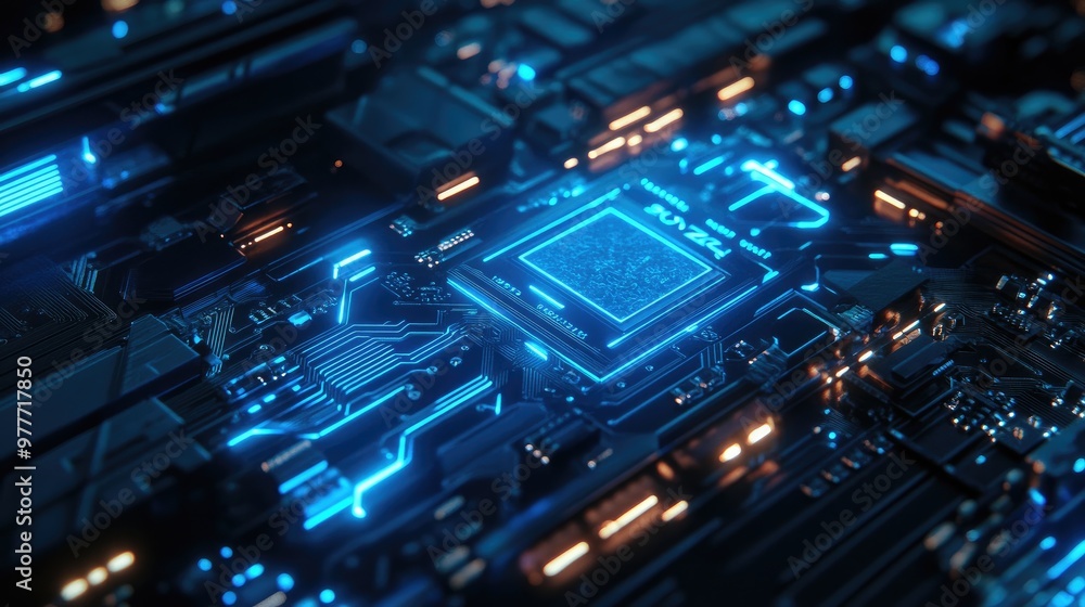 Poster detailed close-up of a computer motherboard with blue circuit lines and tech elements. perfect for h