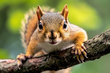 Fototapeta premium Squirrel staring down from a branch, its eyes wide with curiosity and mischief