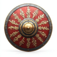 Naklejka premium Vibrant red shield with intricate golden leaf design, perfect for historical reenactments or artistic displays, white background
