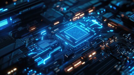 Obraz premium Detailed close-up of a computer motherboard with blue circuit lines and tech elements. Perfect for high-tech and electronics related content.