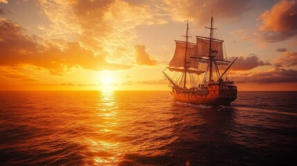 A majestic large ship sailing across the vast ocean, with the sun setting in the background, casting a warm golden glow over the water and vessel.