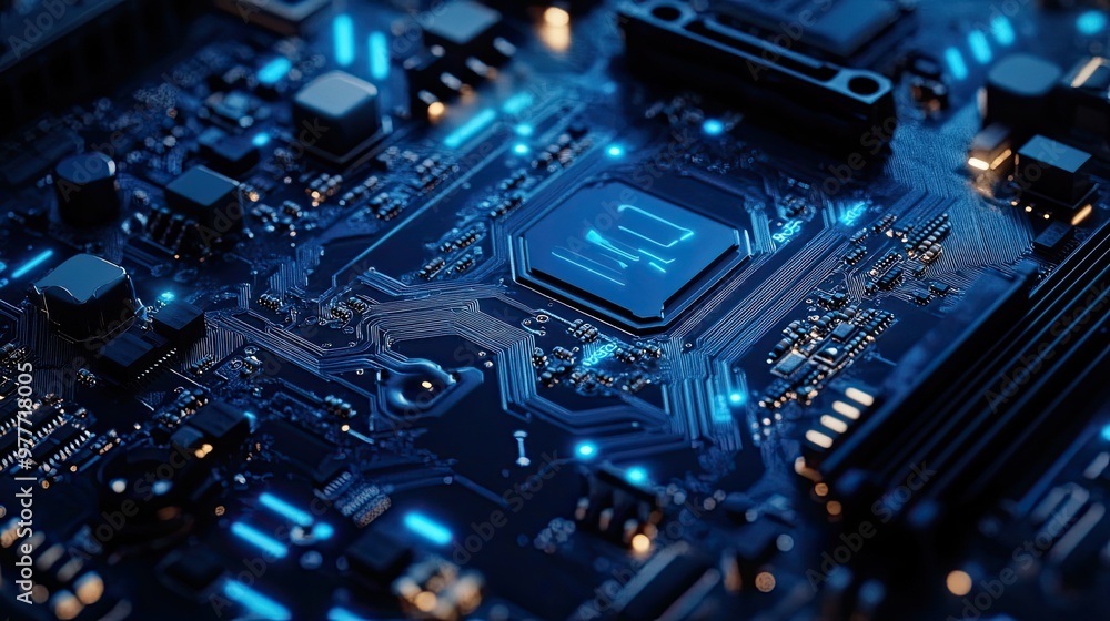 Poster detailed close-up of a computer motherboard with blue circuit lines and tech elements. perfect for h