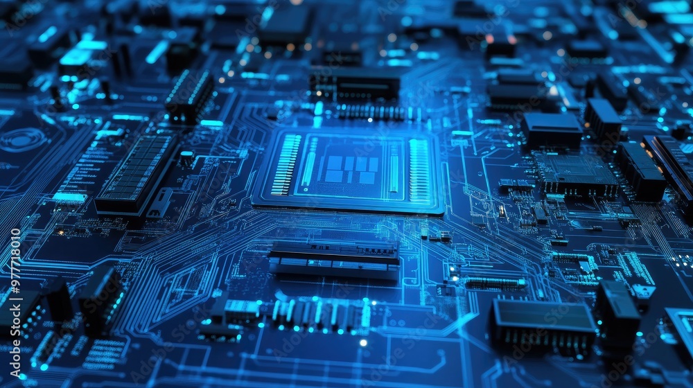 Poster dynamic blue circuit board background with ai elements, intricate patterns, and electronic component