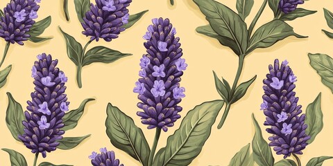 Beautiful lavender flower pattern with soft purples and greens, botanical style