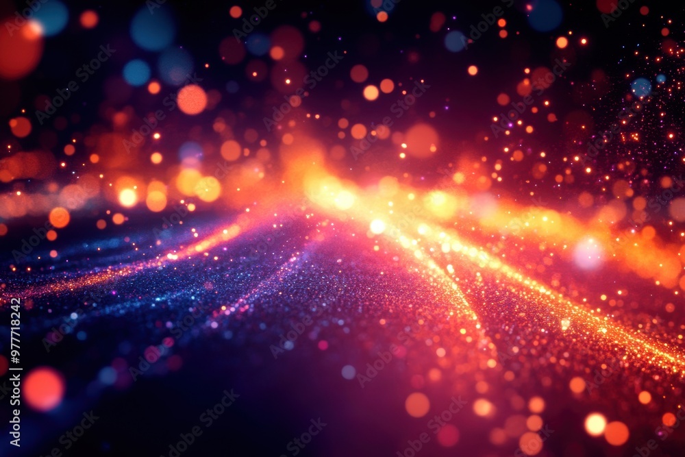 Poster a vibrant abstract background showcasing luminous particles and flowing light trails in rich colors 
