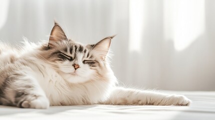 A fluffy bobtail cat stretching while basking in soft natural light against a pale backdrop