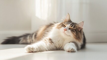 A fluffy bobtail cat stretching while basking in soft natural light against a pale backdrop