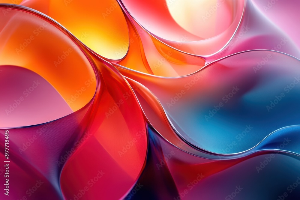 Poster a vibrant abstract design featuring smooth, flowing waves with rich colors of red, blue, and orange,