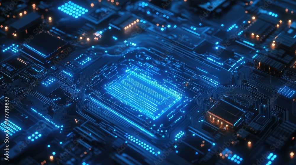 Poster futuristic circuit board background with luminous blue circuitry and electronic components. suitable