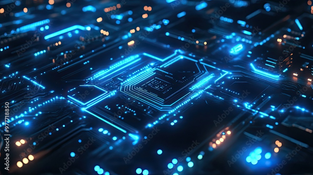 Poster futuristic circuit board background with luminous blue circuitry and electronic components. suitable