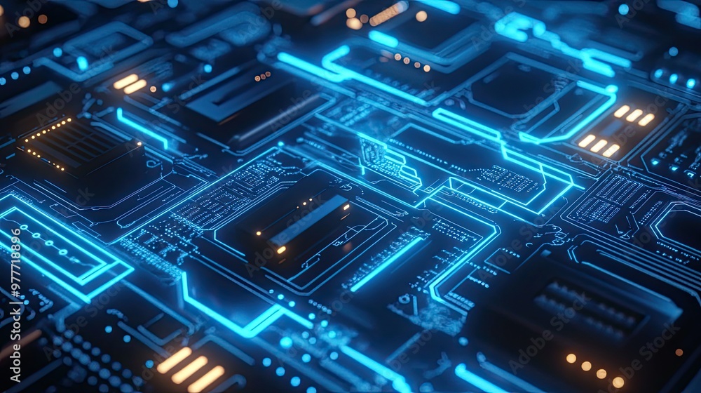 Poster futuristic circuit board background with luminous blue circuitry and electronic components. suitable
