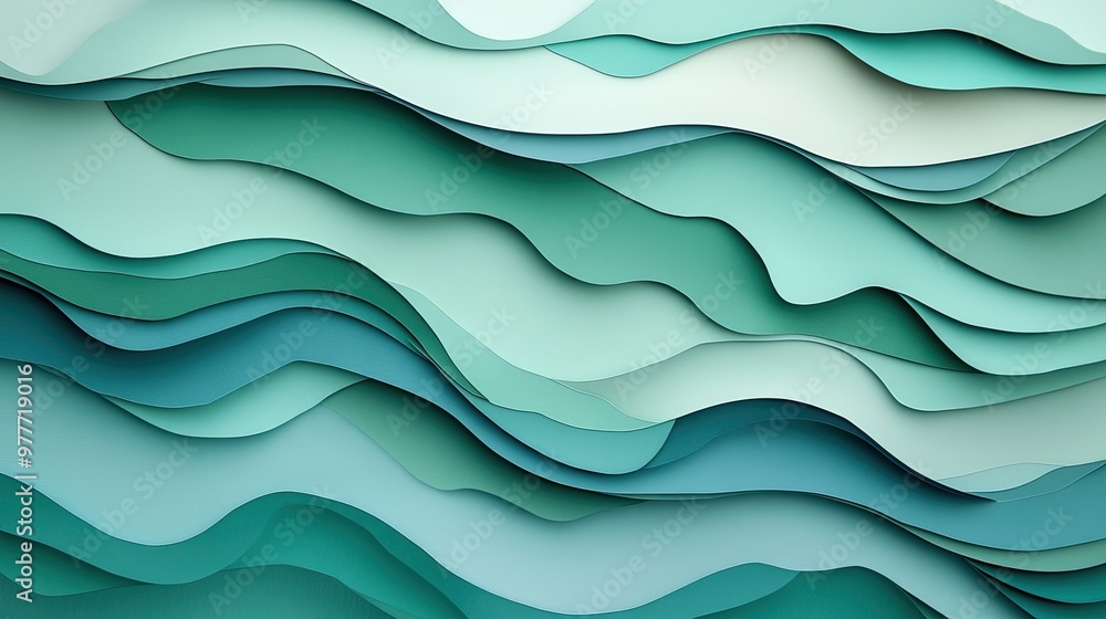 Poster layered paper cutouts in soft blues and greens, creating an abstract scene with ample room for copy 
