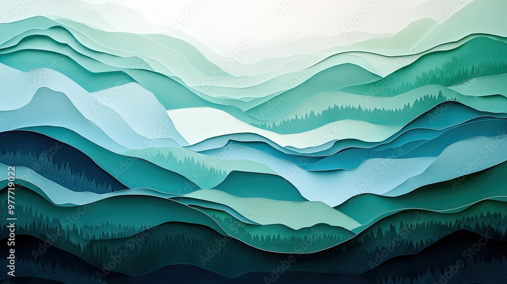 Poster layered paper cutouts in soft blues and greens, creating an abstract scene with ample room for copy 