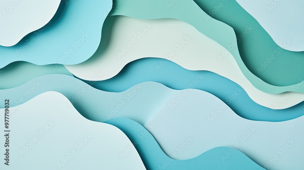 Poster layered paper cutouts in soft blues and greens, creating an abstract scene with ample room for copy 