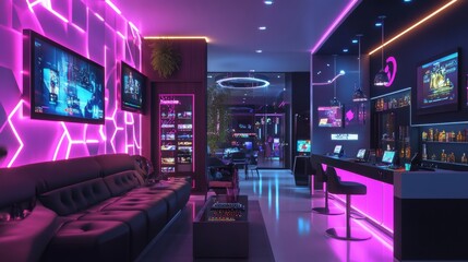 Futuristic Gaming Lounge with Neon Lights.