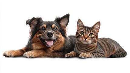 A cute and playful mixed breed terrier dog and a tabby cat laying together with happy expressions. Extracted on transparent background. transparent background