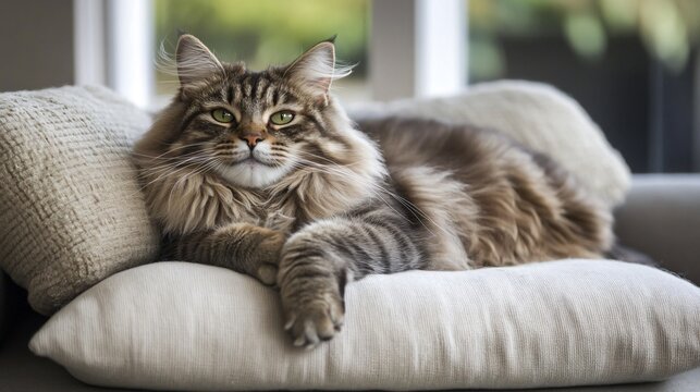 A longhair cat lounging gracefully on a soft cushion, showcasing its luxurious fur and playful demeanor